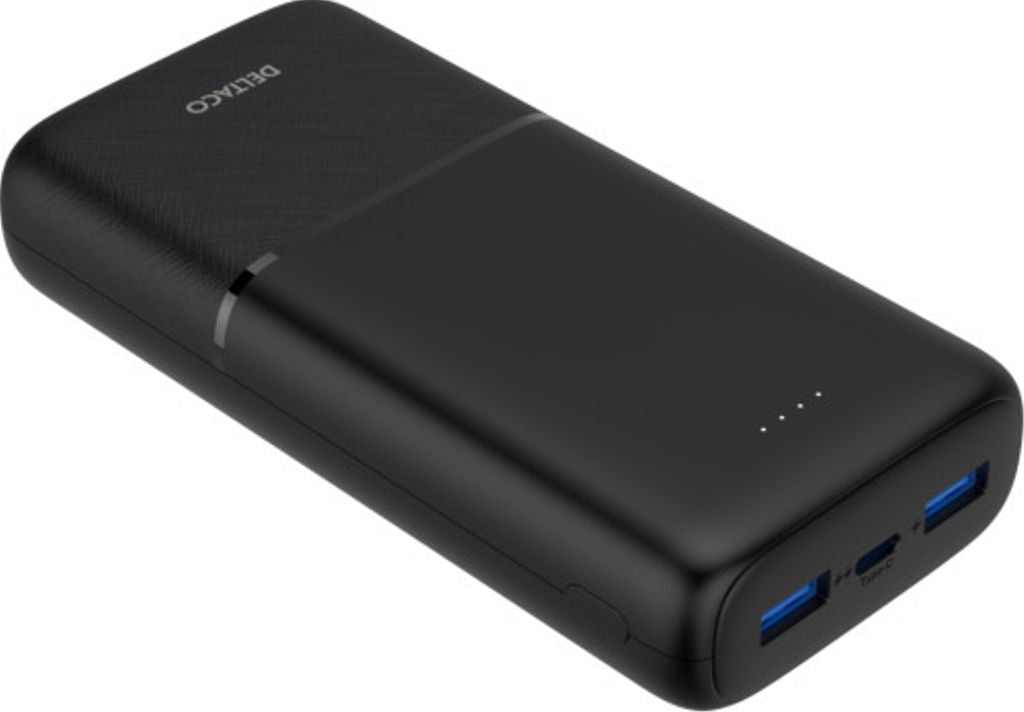 Deltaco Powerbank with fast charging, 3 ports, 2x USB-A 18W, 1x USB-C PD 20W, 20,000 mAh black