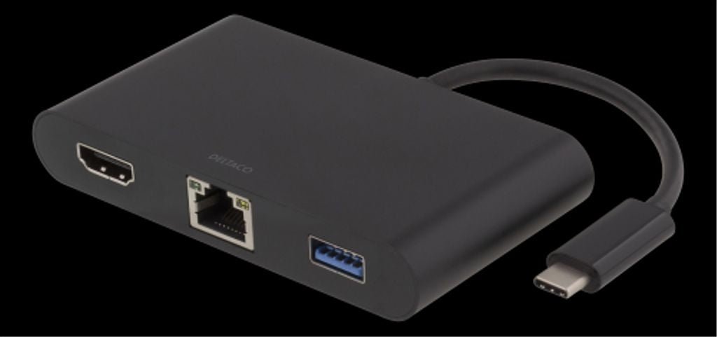 Deltaco USB-C Docking Station, HDMI, RJ45, USB-A, USB-C PD - Black