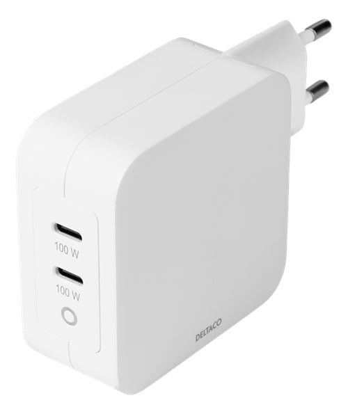 Deltaco Wall Charger Dual USB-C PD, GaN, 100W - White