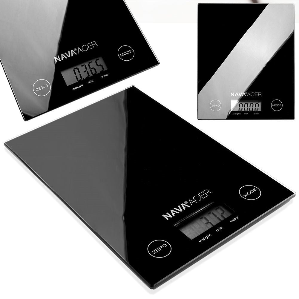 Digital kitchen scale in black glass with LCD and 5 kg capacity