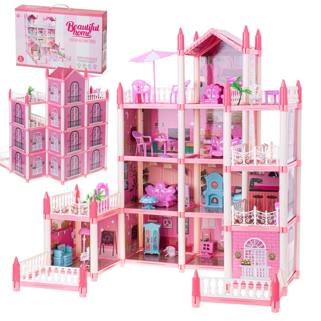 Dolls' house villa pink DIY 4 levels furniture