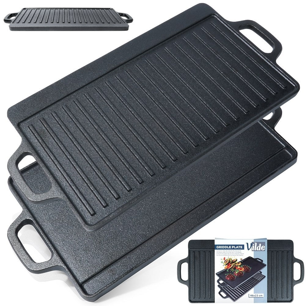 Double grill plate in cast iron for meat, fish and vegetables