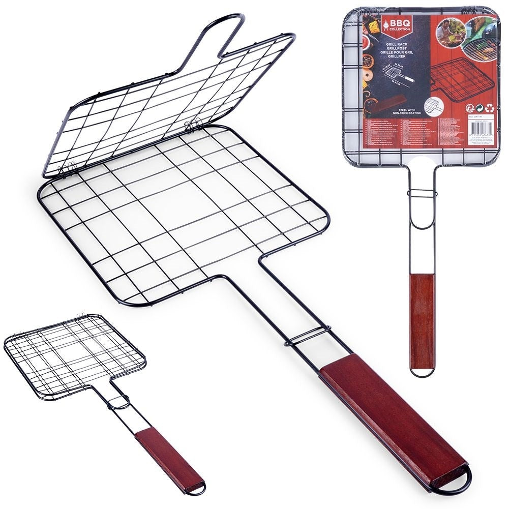 Double grill with wooden handle for easy turning of food