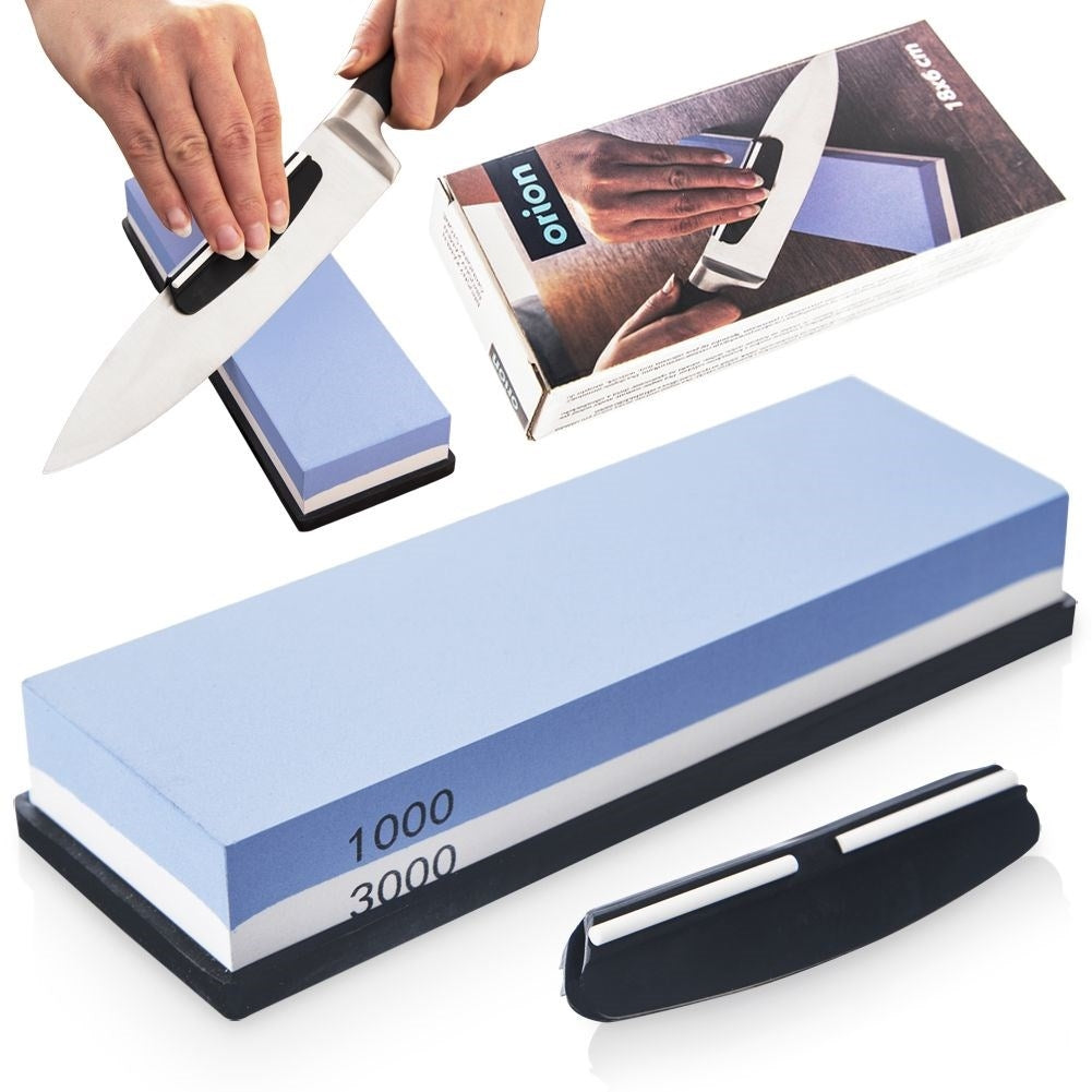 Double-sided whetstone with guide for knives and tools
