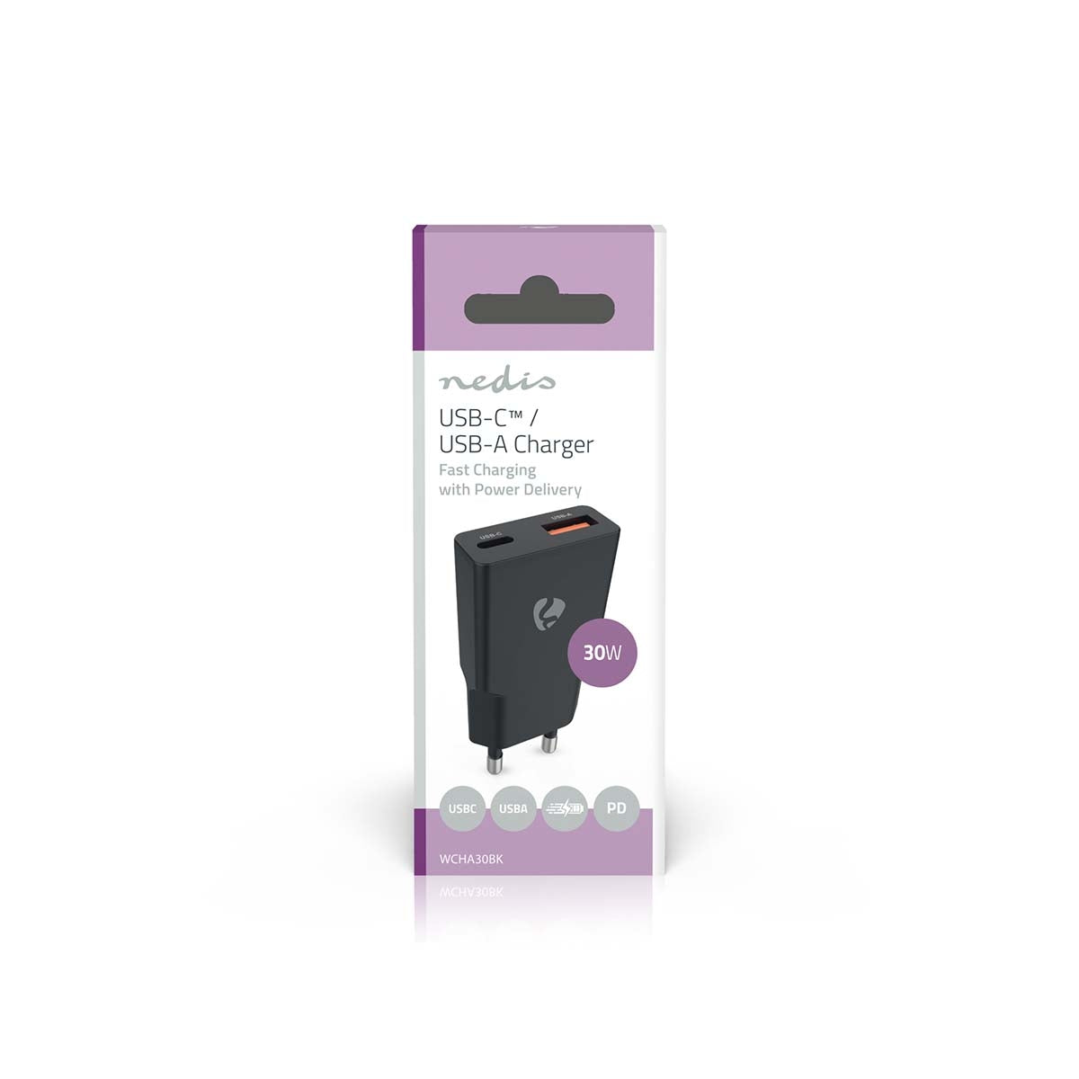 Dual Port GaN Wall Charger, 30W, USB-C PD & USB-A Quick Charge