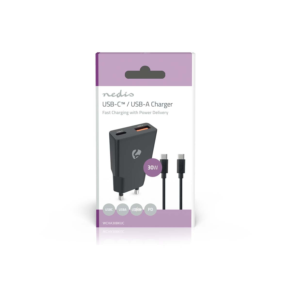 Dual Port GaN Wall Charger, 30W, USB-C & USB-A, Black