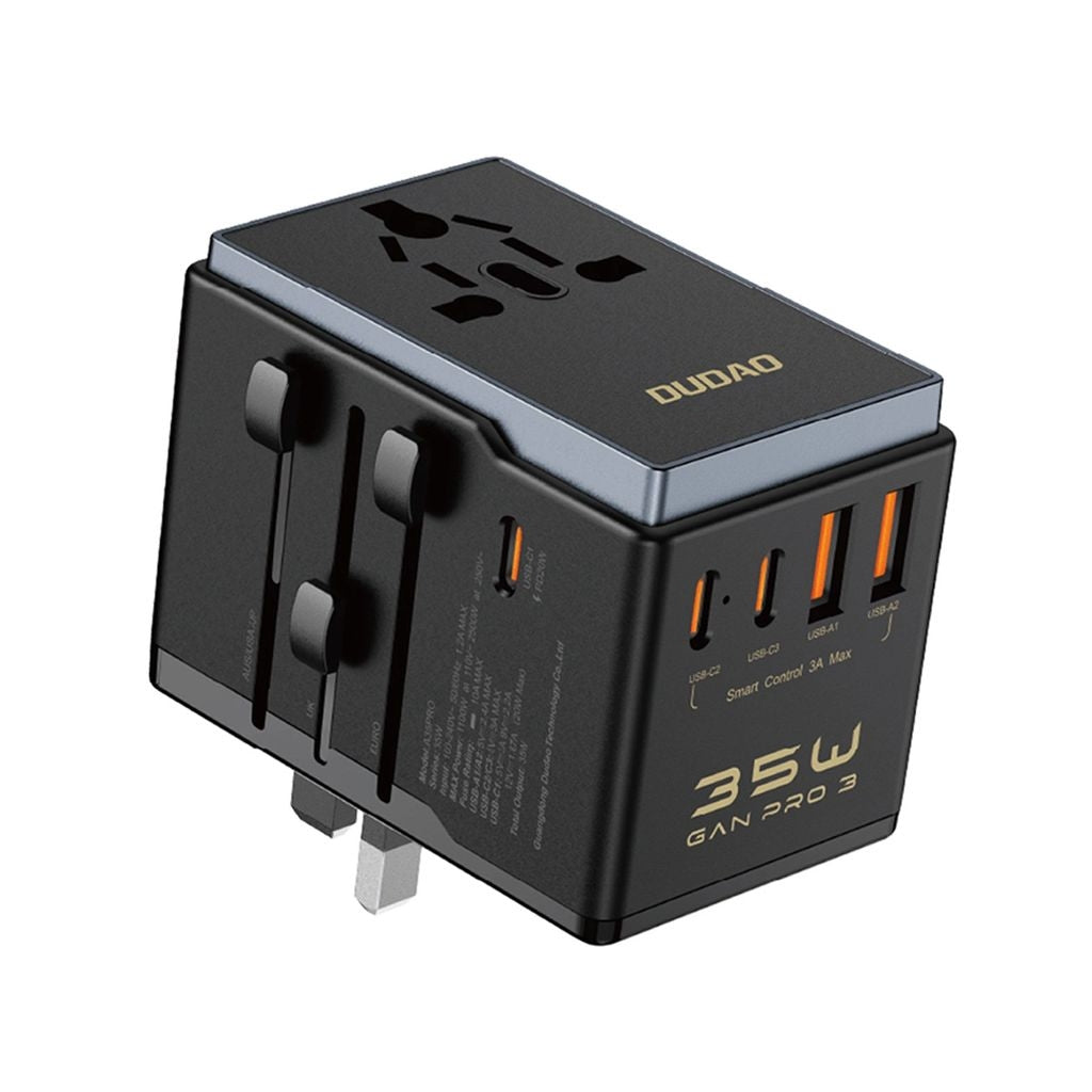Dudao travel adapter 35W EU/UK/AUS/US/JP, 3x USB-C, 2x USB-A - Black