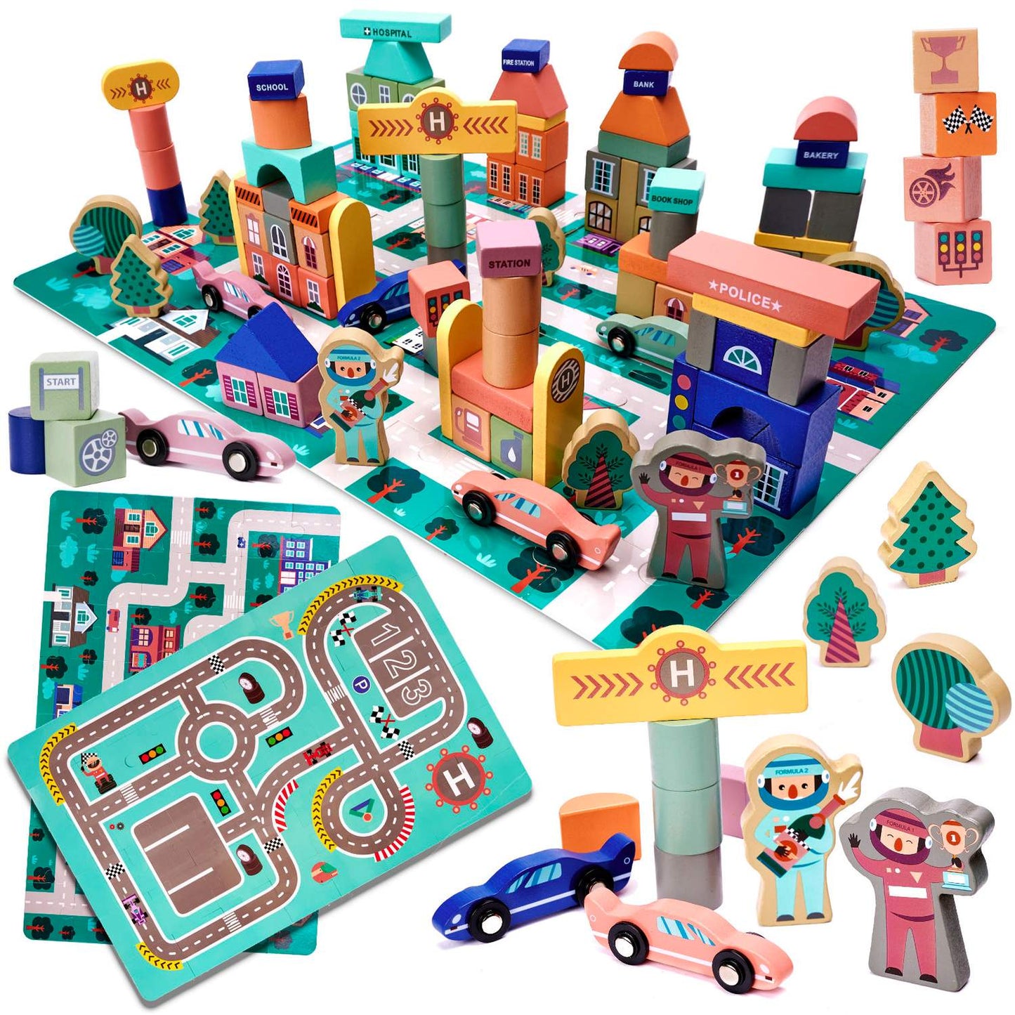 Educational wooden blocks race track 160el.