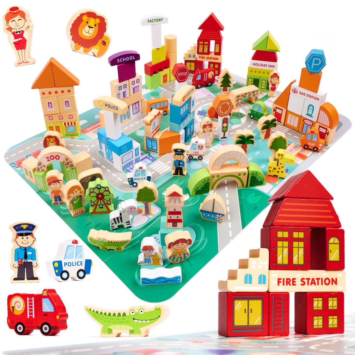 Educational wooden city puzzle blocks 120el.