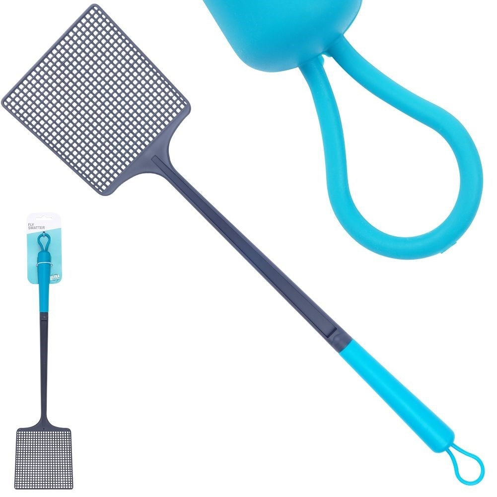 Effective fly swatter with non-slip grip and suspension.