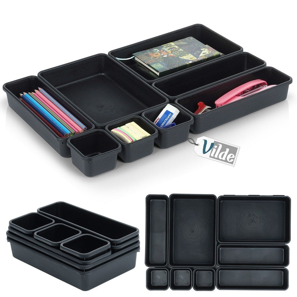 Eight drawer organizers in three sizes for office and home