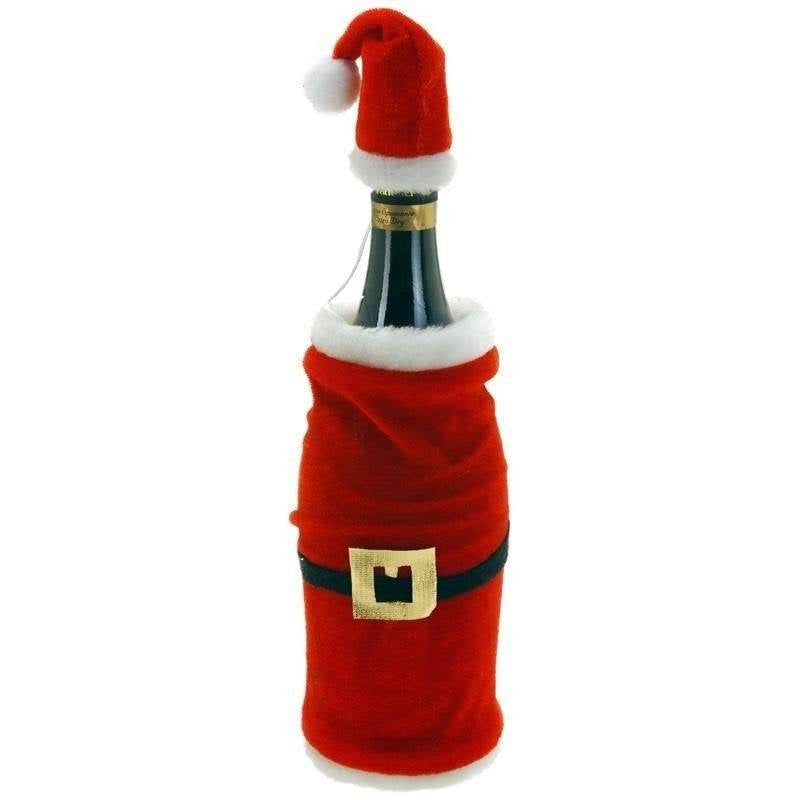 Elegant Christmas outfit: blazer and Santa hat for wine bottle