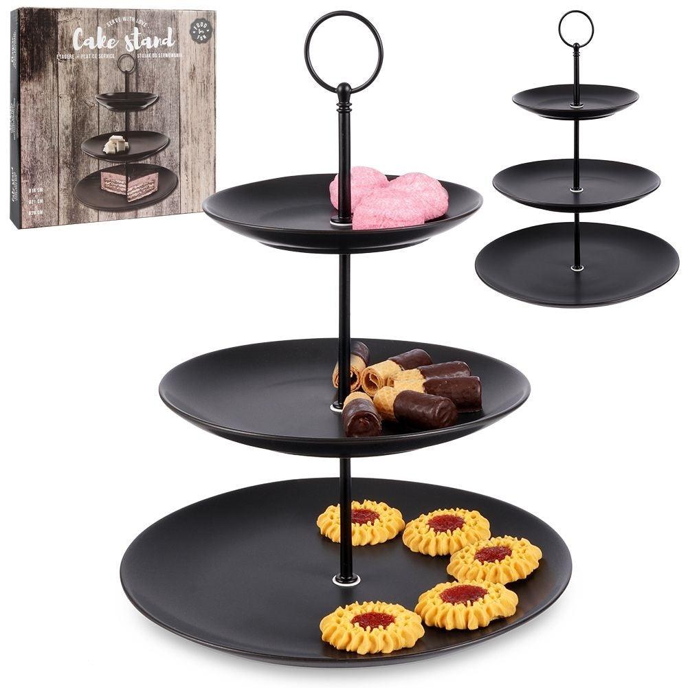 Elegant Three-Tier Cake Tray in Black Porcelain
