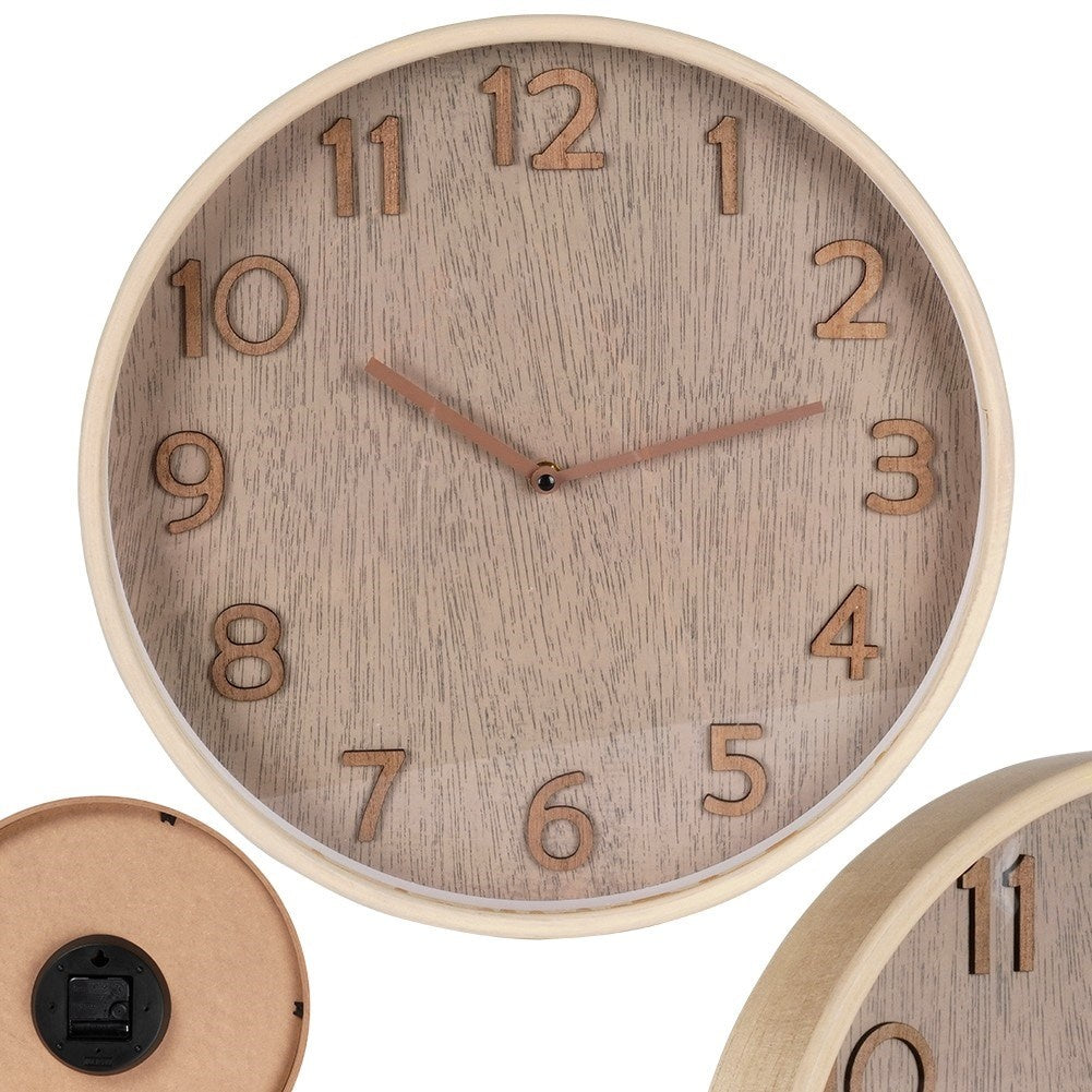 Elegant Wall Clock 38 cm with Wooden FinishThis wall clock has a diameter of 38 cm and is designed in a classic style. The frame of the watch is made of MDF, while the dial and hands have a wood-like finish. Perfect for giving your home a timeless and