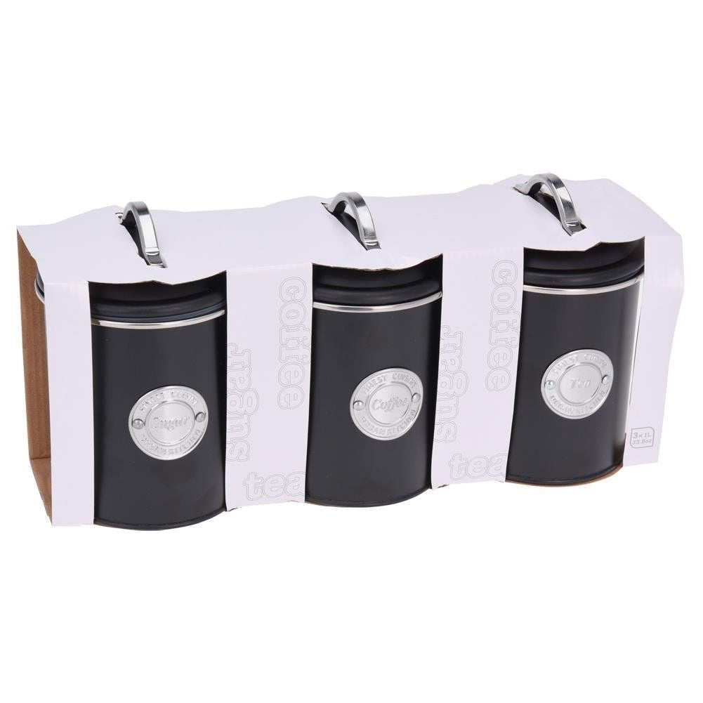 Elegant black kitchen containers for coffee, tea and sugar