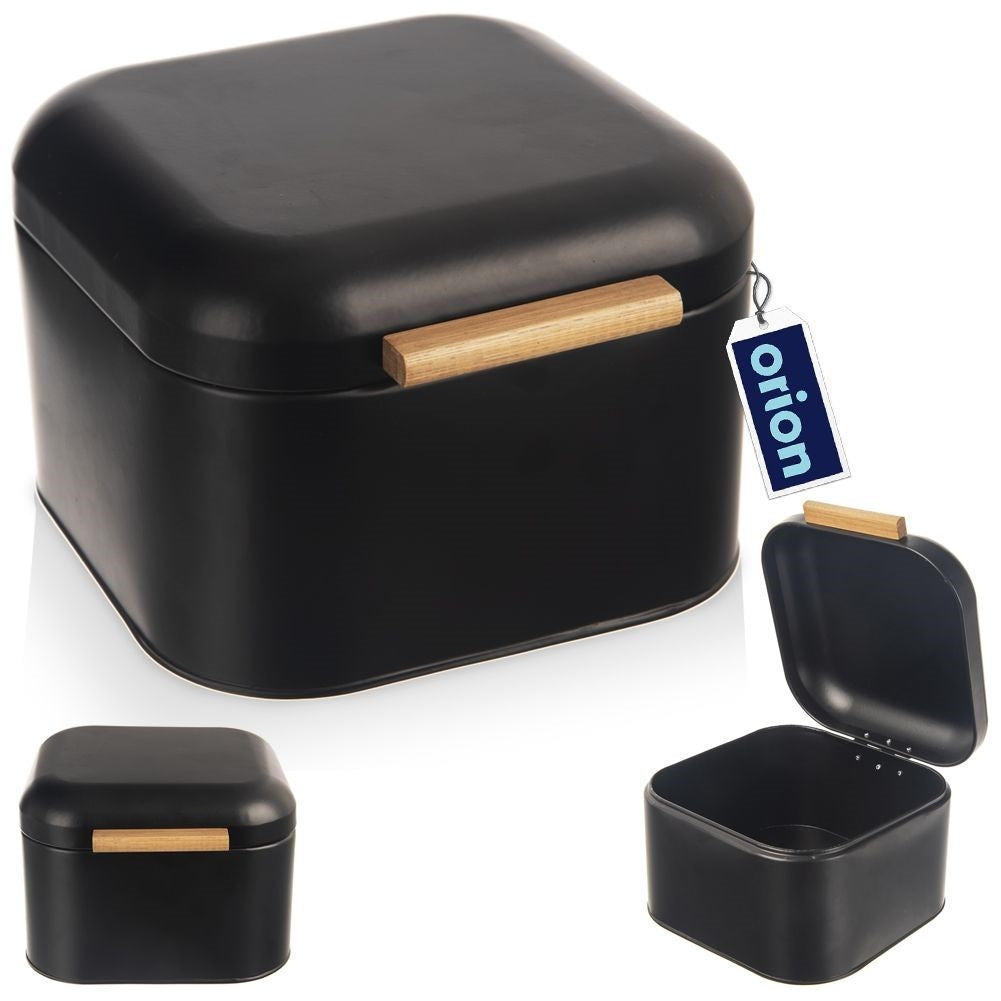Elegant black metal bread box with bamboo handle