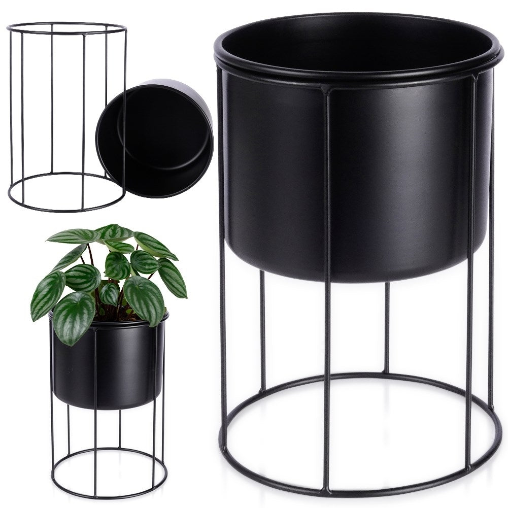 Elegant black metal pot on stand for plants