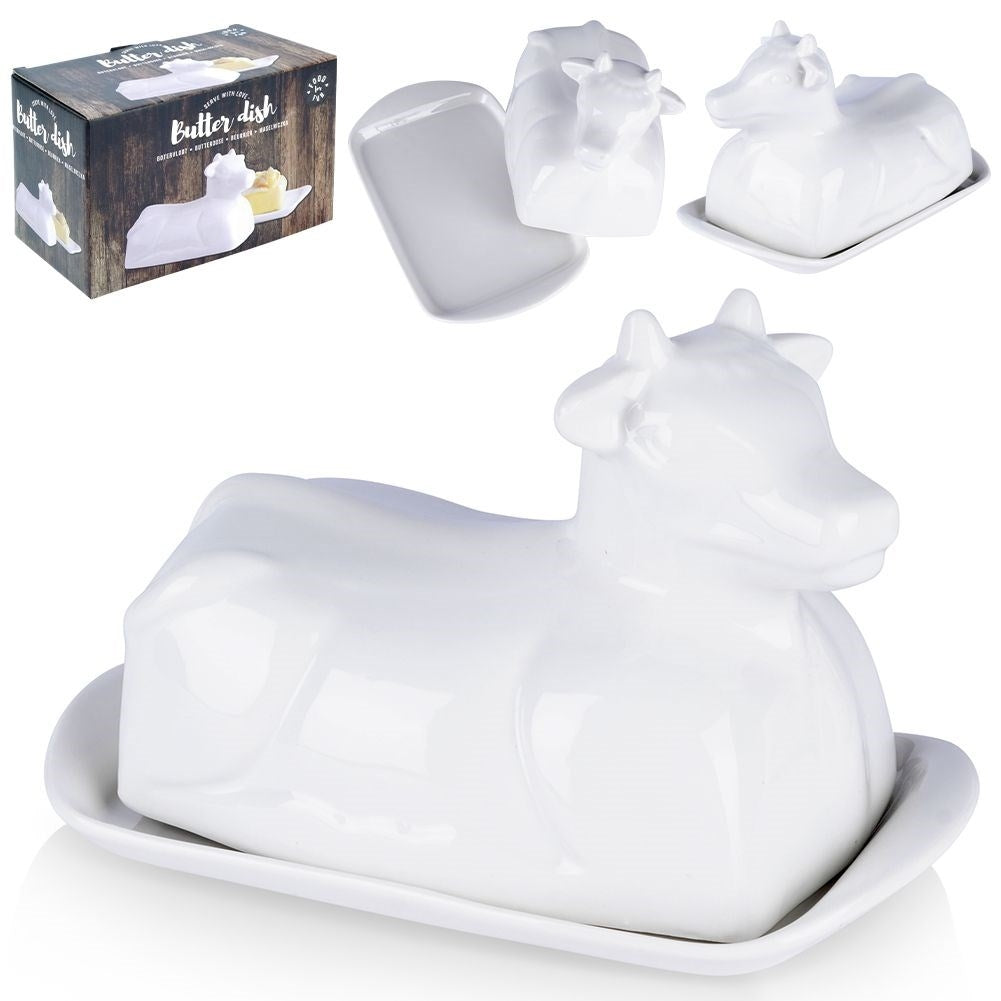 Elegant butter dish in the shape of a cow, white porcelain, with lid