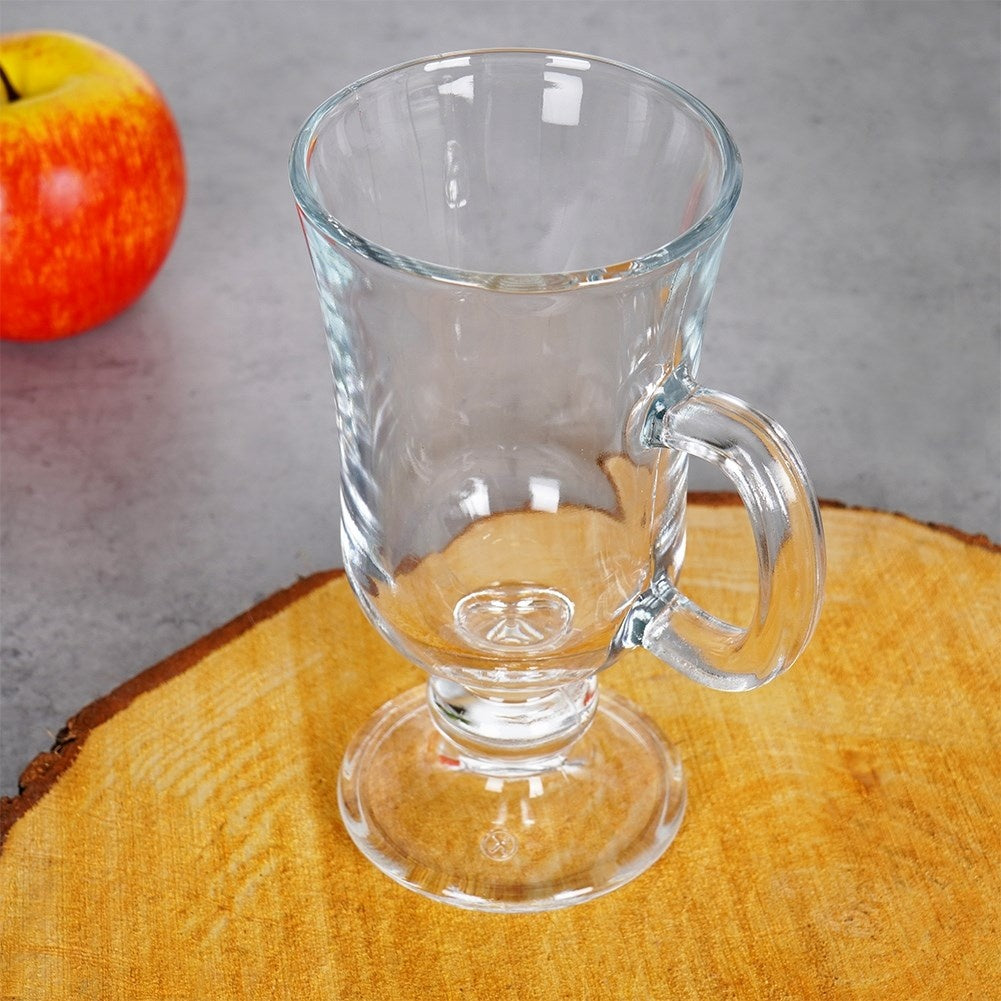 Elegant glass with handle on foot for hot drinks