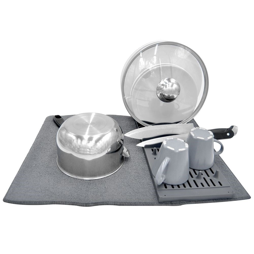 Elegant gray dish rack with microfiber drying mat