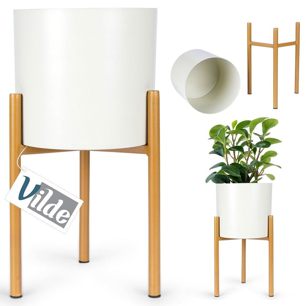 Elegant metal pot on stand in cream and gold