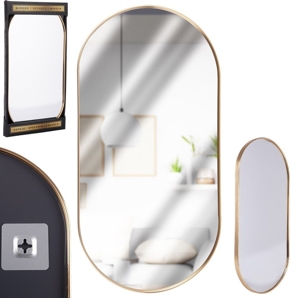 Elegant oval wall mirror with gold metal frame, flexible suspension