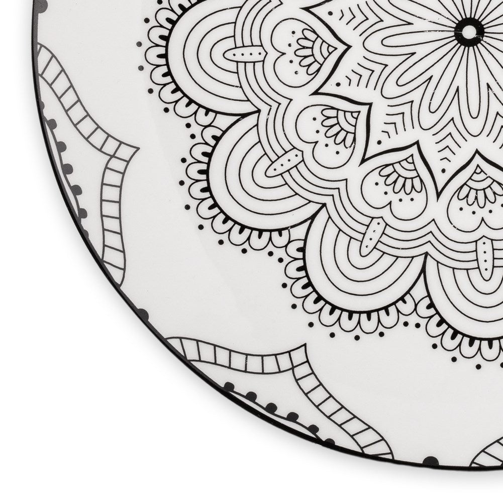 Elegant porcelain dinner plate with black mandala pattern