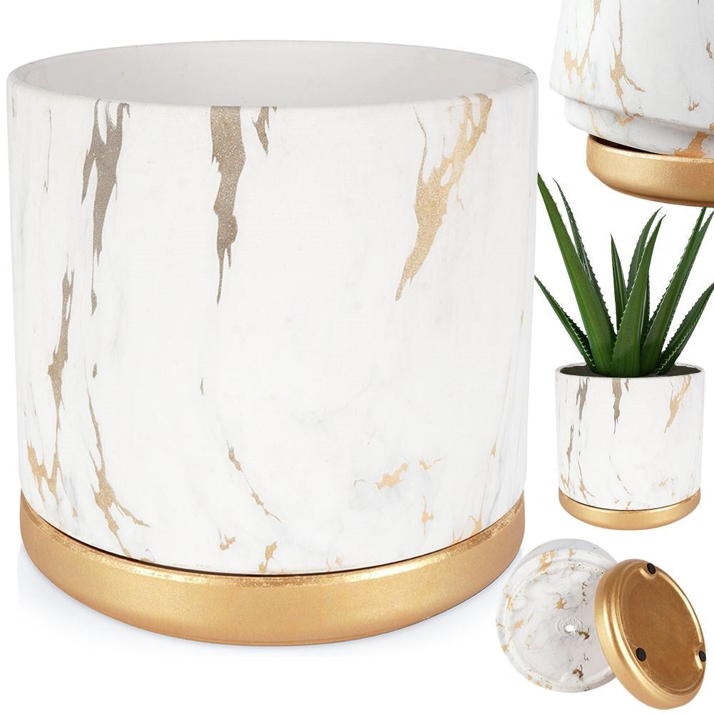 Elegant pot with saucer in marble style, white ceramic, gilded details