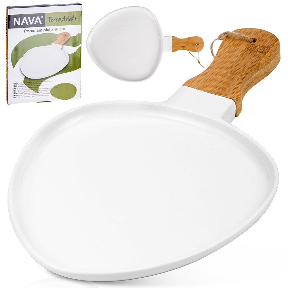 Elegant serving dish in porcelain and bamboo with handle