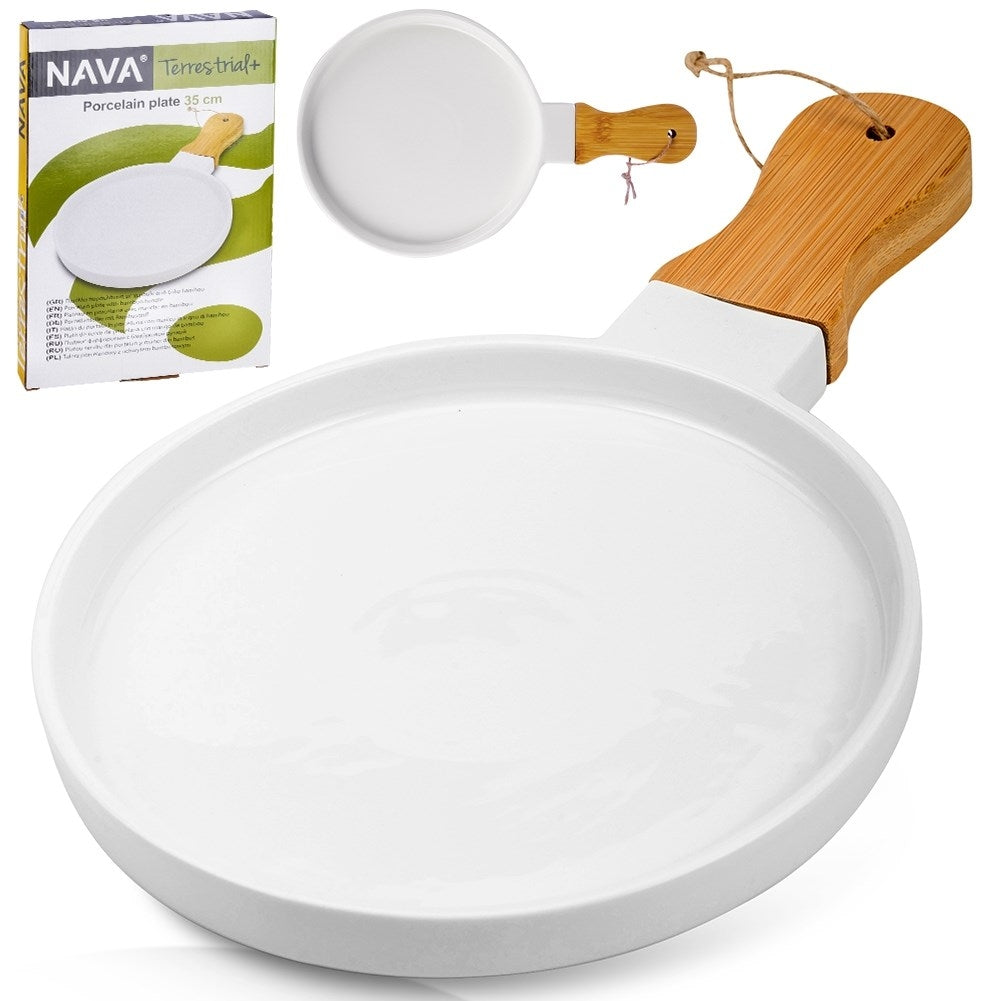 Elegant serving dish in porcelain and bamboo with handle