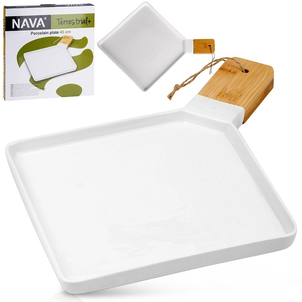 Elegant serving dish in porcelain and bamboo with handle