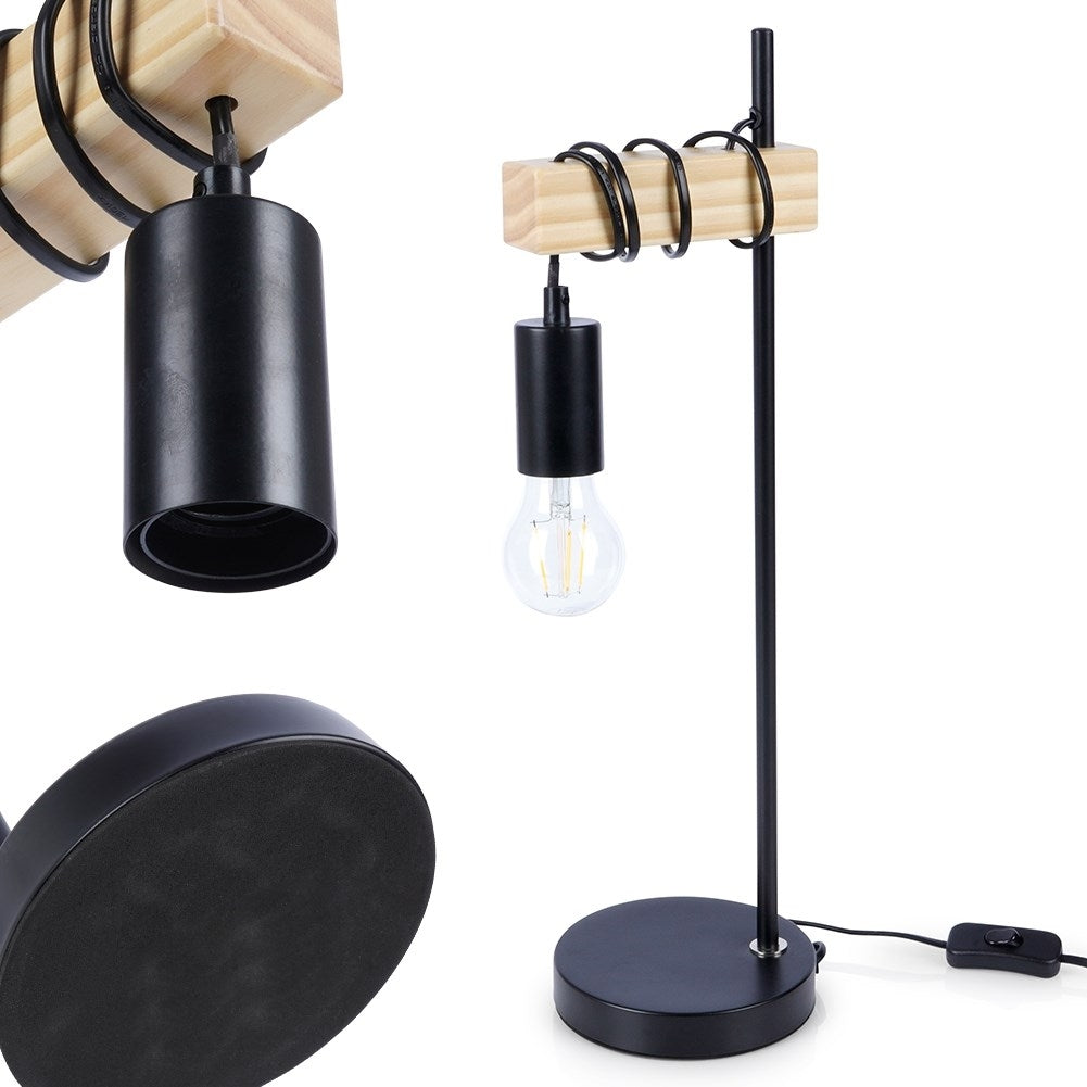 Elegant table lamp in matt black metal and wood for an industrial style