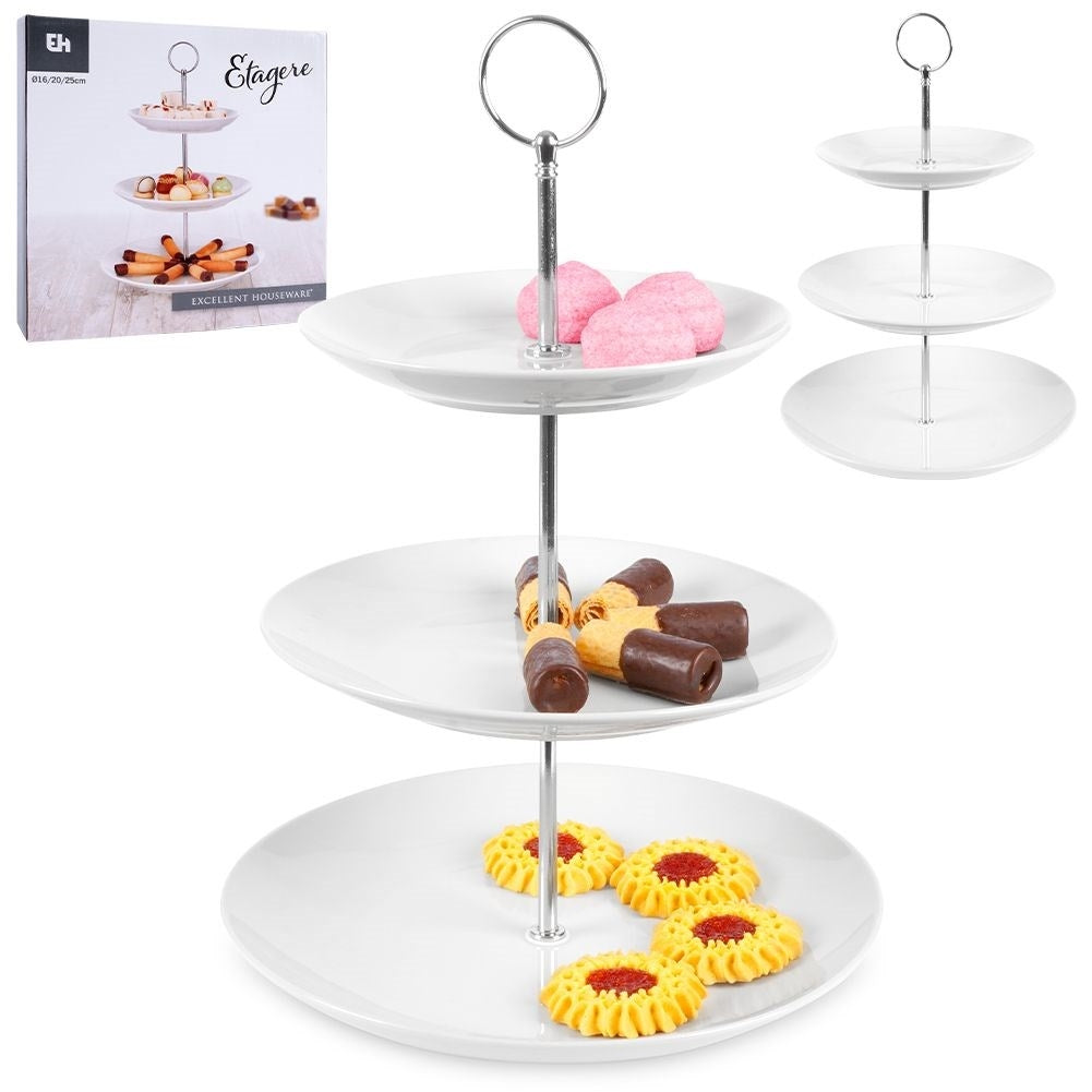 Elegant tiered dish in white porcelain for cakes and tarts