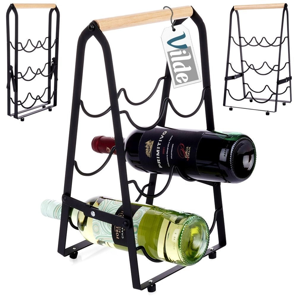 Elegant wine bottle rack in black metal and wood