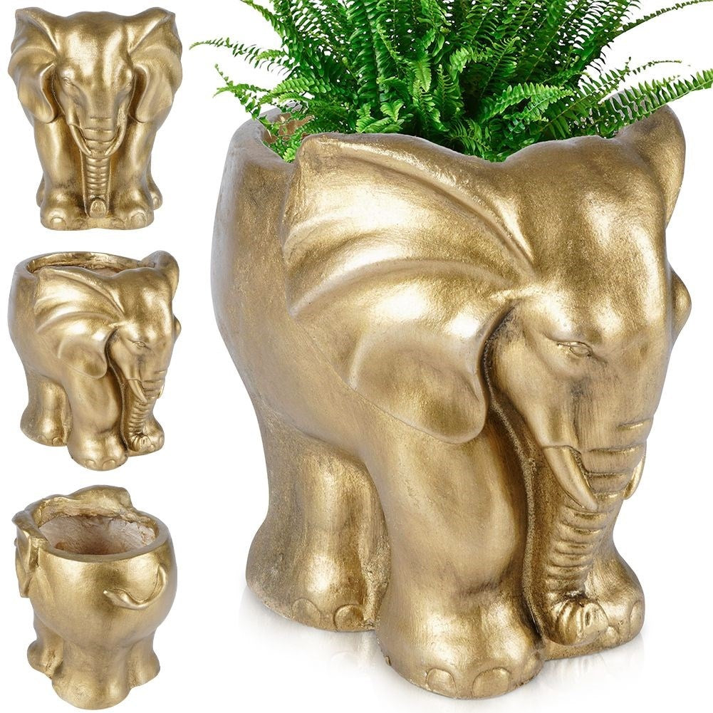 Elephant-shaped flower pot in cement, elegant gold shade