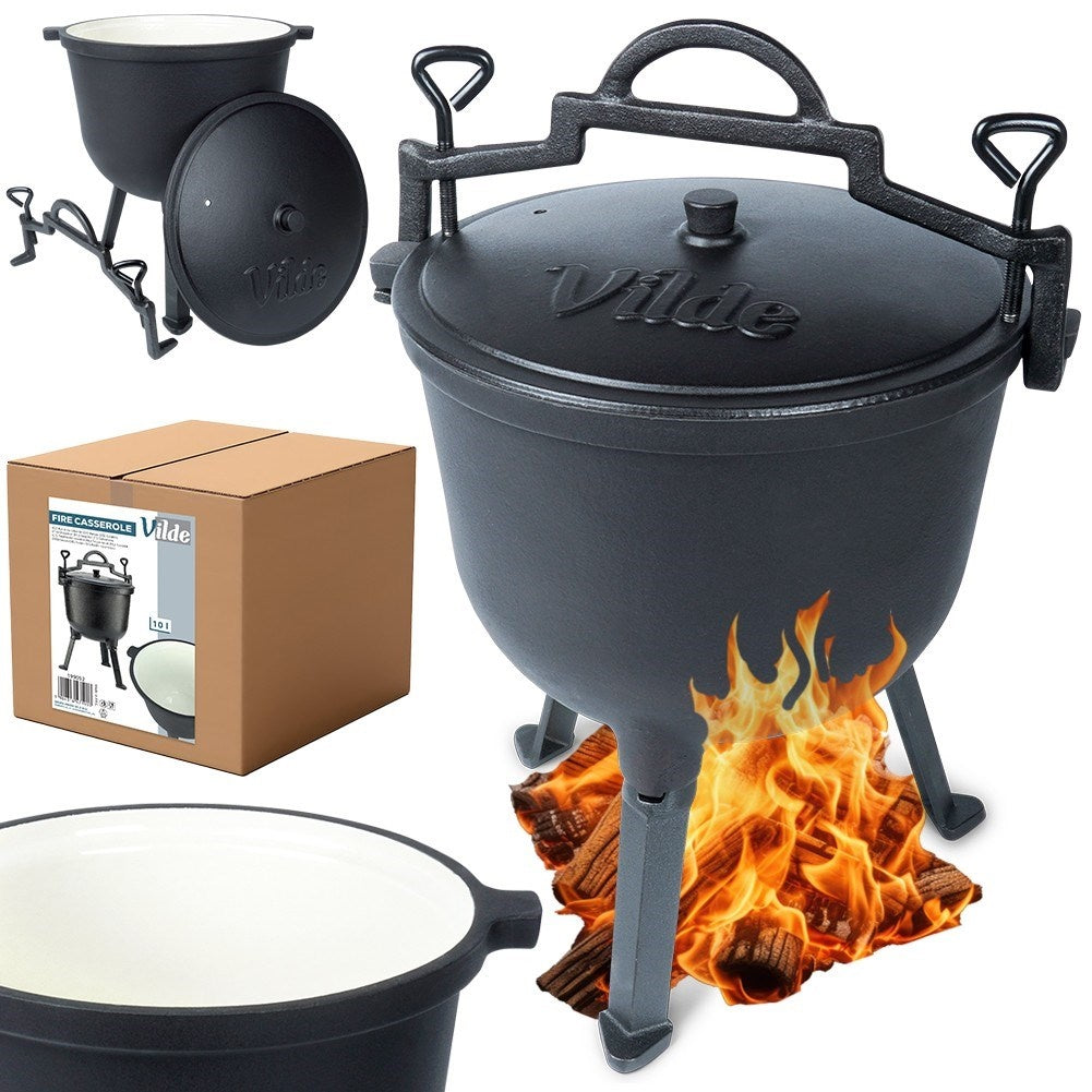 Enamel pot on legs with lid, 10L, for open fire