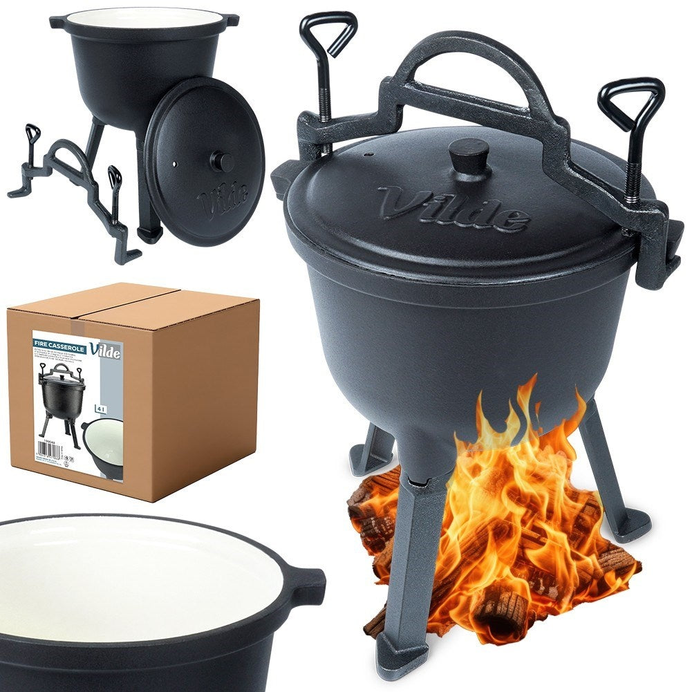 Enamel pot on legs with lid, 4L - Open fire