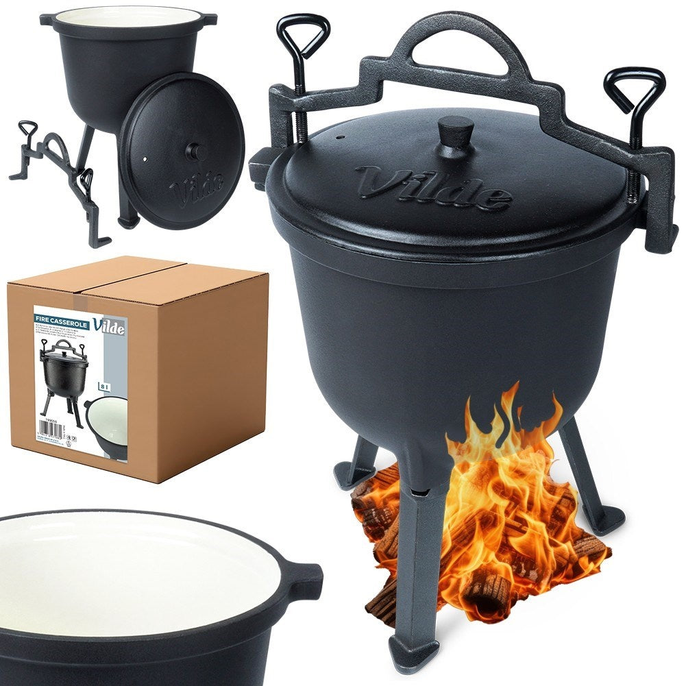 Enamel pot on legs with lid, 8L capacity