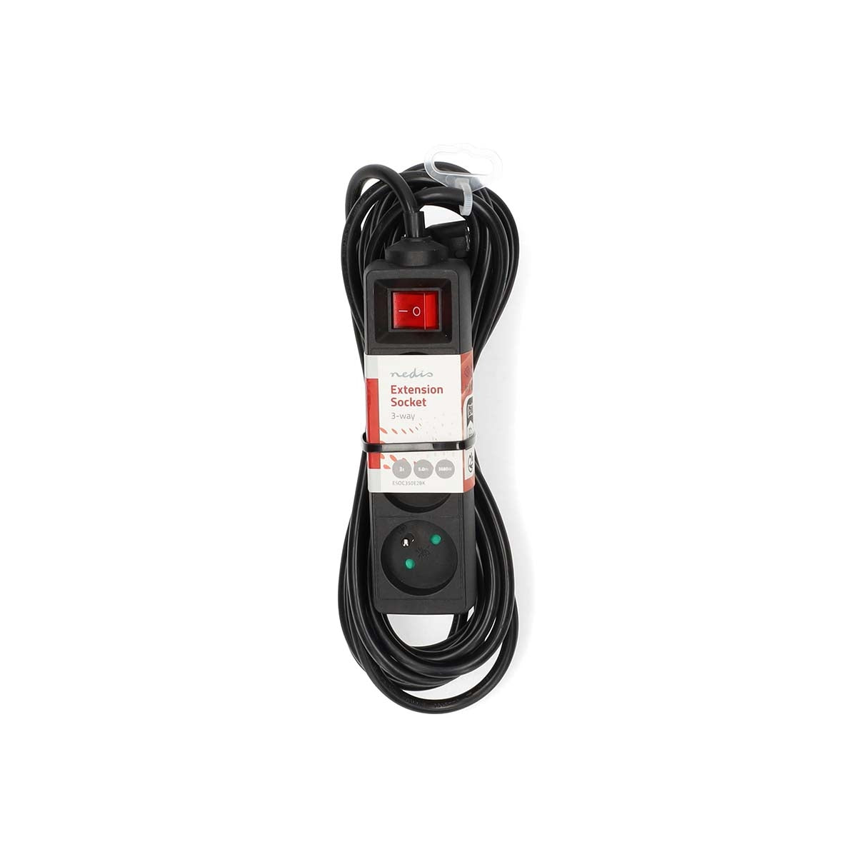 Extension Socket | Type E (CEE 7/6) | 3-Way | 5.00 m | 3680 W | 16 A | Kind of grounding: Pin Earth | 230 V AC 50/60 Hz | Socket angle: 45 ° | H05VV-F 3G1.5mm² | On/Off switch | Black