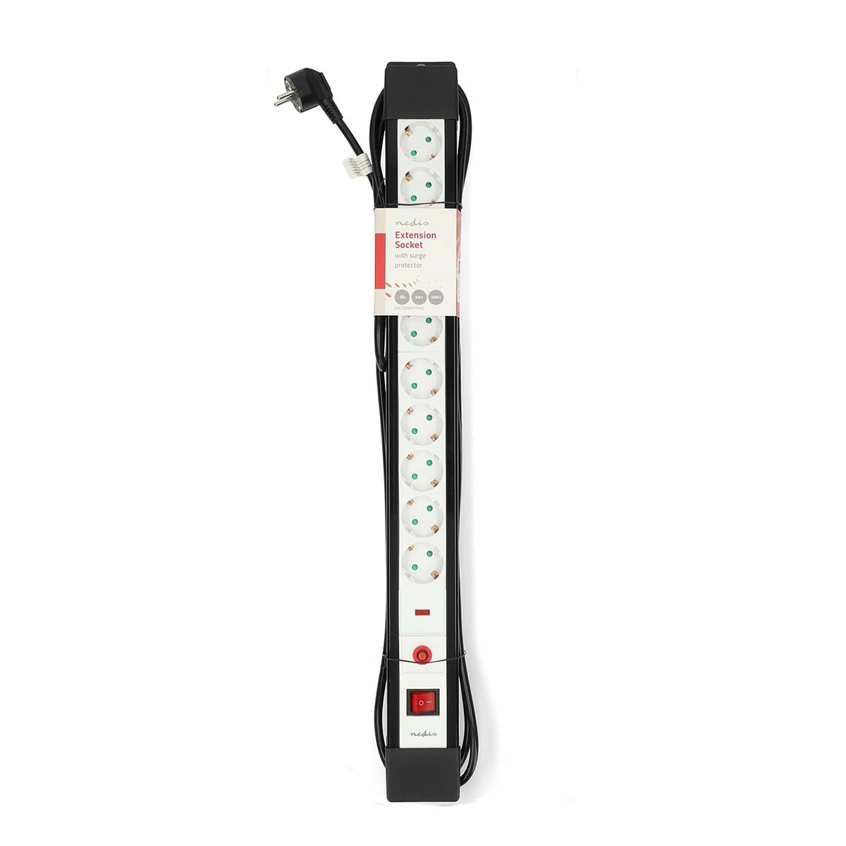 Extension Socket | Type F (CEE 7/7) | 10-Way | 3.00 m | 3680 W | 16 A | Kind of grounding: Side Contacts | 230 V AC 50/60 Hz | Socket angle: 45 ° | H05VV-F 3G1.5mm² | On/Off switch | Black