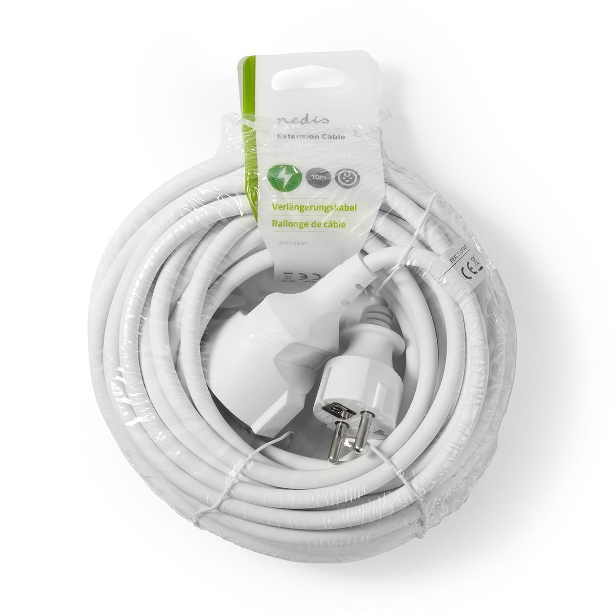 Extension cable M - F | Type F (CEE 7/7) | Grounded contact | 10.0 m | 3680 W | 250 V AC 50/60 Hz | Type of grounding: Side contact | Outlet angle: 90 ° | H05VV-F 3G1.5 | Device output connection: 1 | White