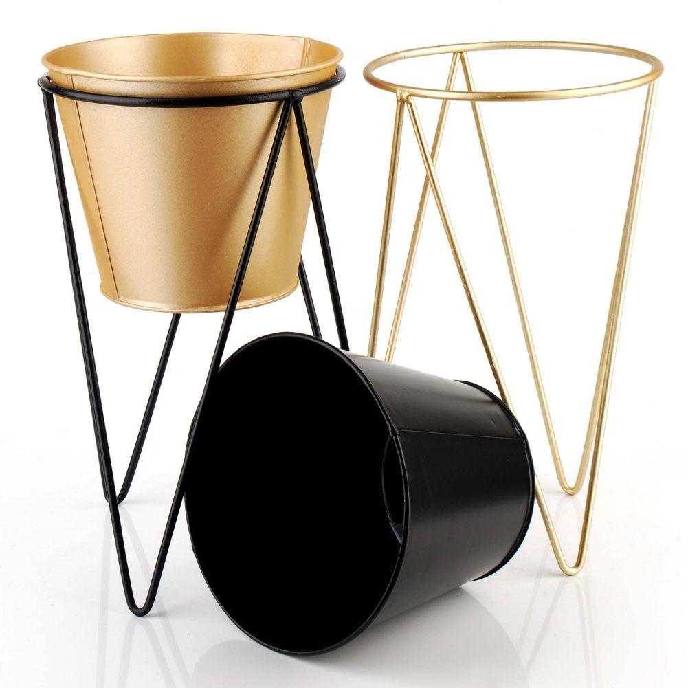 Flowerpot cover on stand, metal, gold, 15x26 cm