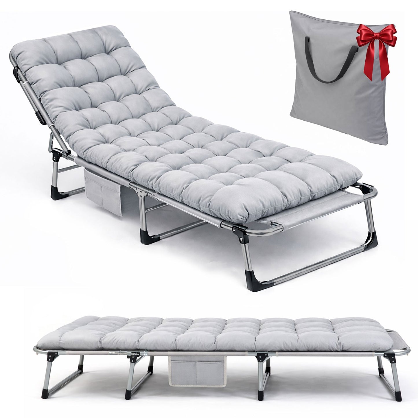 Folding Camping Bed with Adjustable Recline – Grey