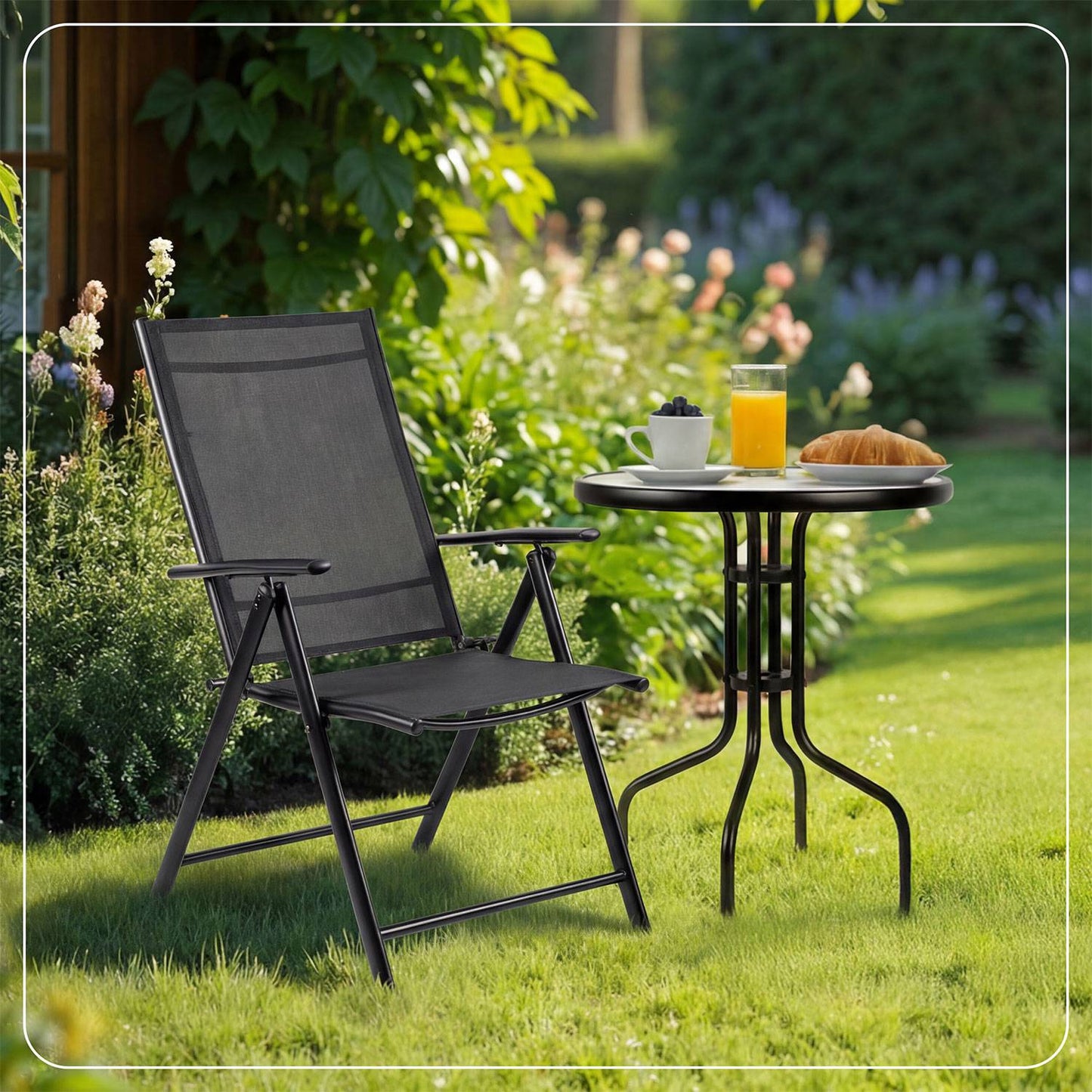 Folding Garden Chair, Black, Adjustable Backrest, Textilene