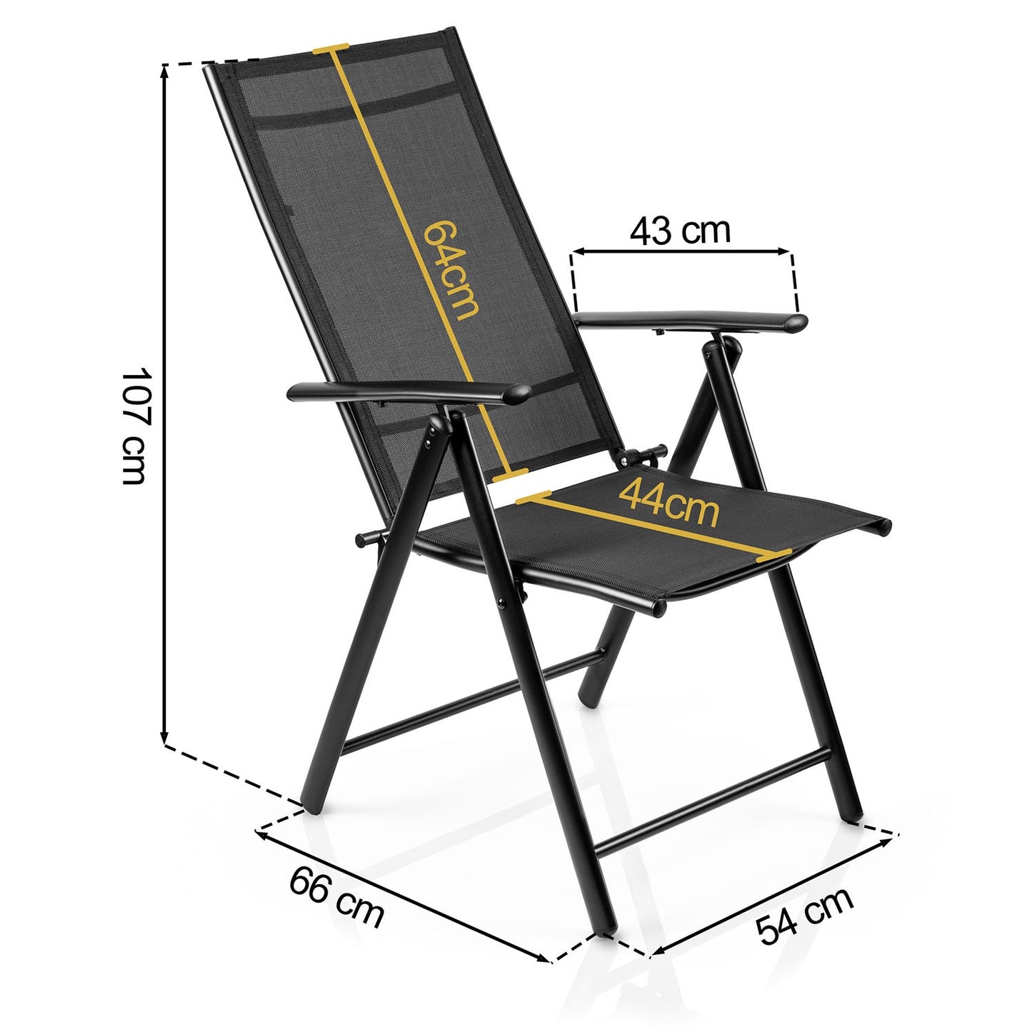 Folding Garden Chairs Set of 2, Black, Adjustable Recline