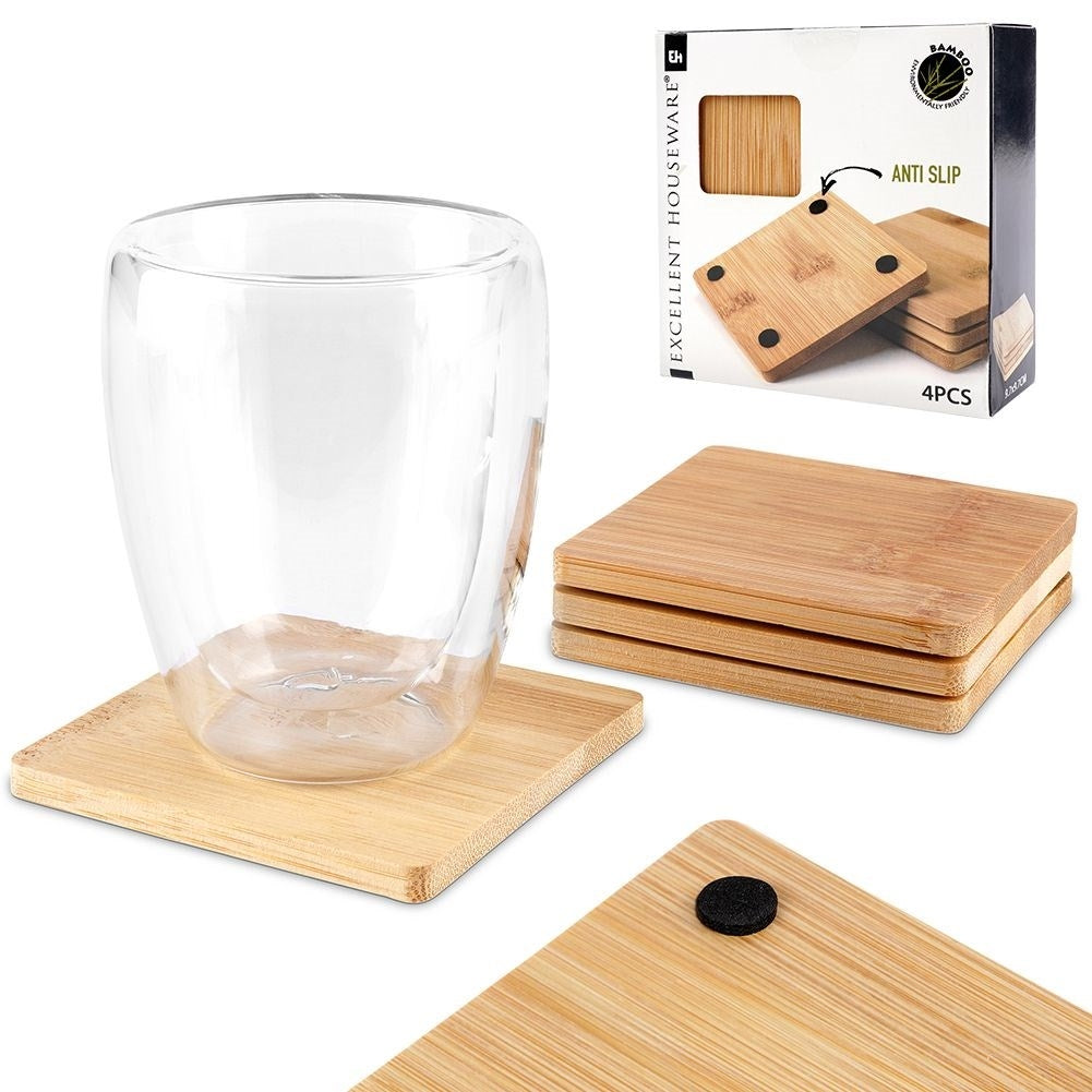 Four non-slip bamboo coasters for cups and glasses