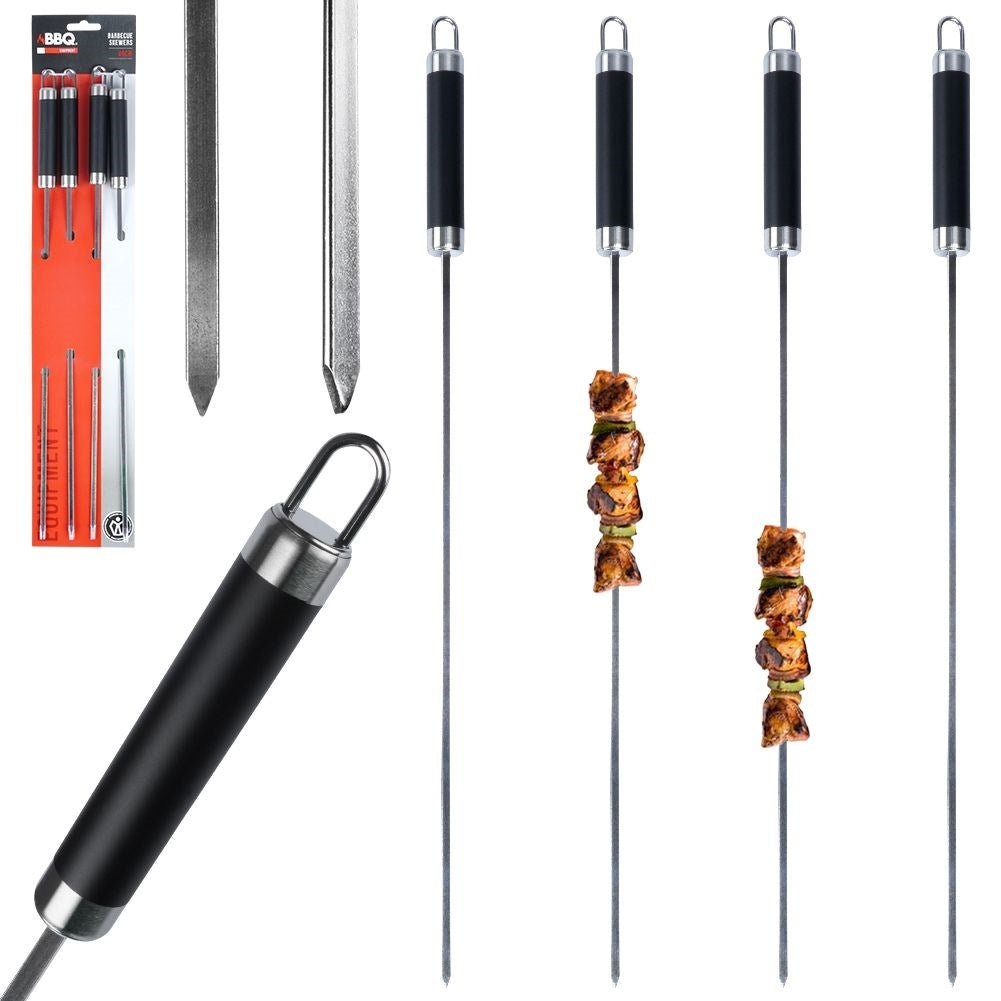 Four stainless steel grill skewers for delicious vegetable and meat skewers