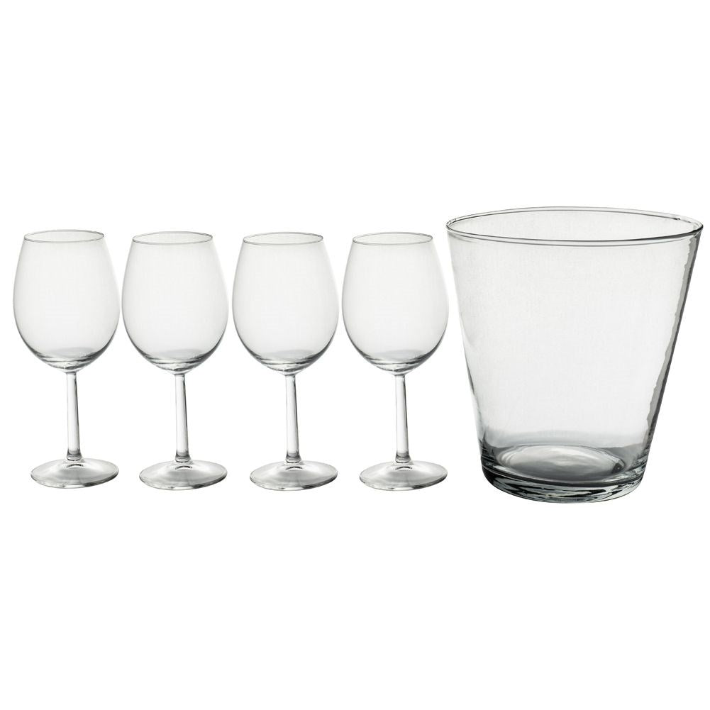 Four wine glasses with glass bucket for ice or bottle