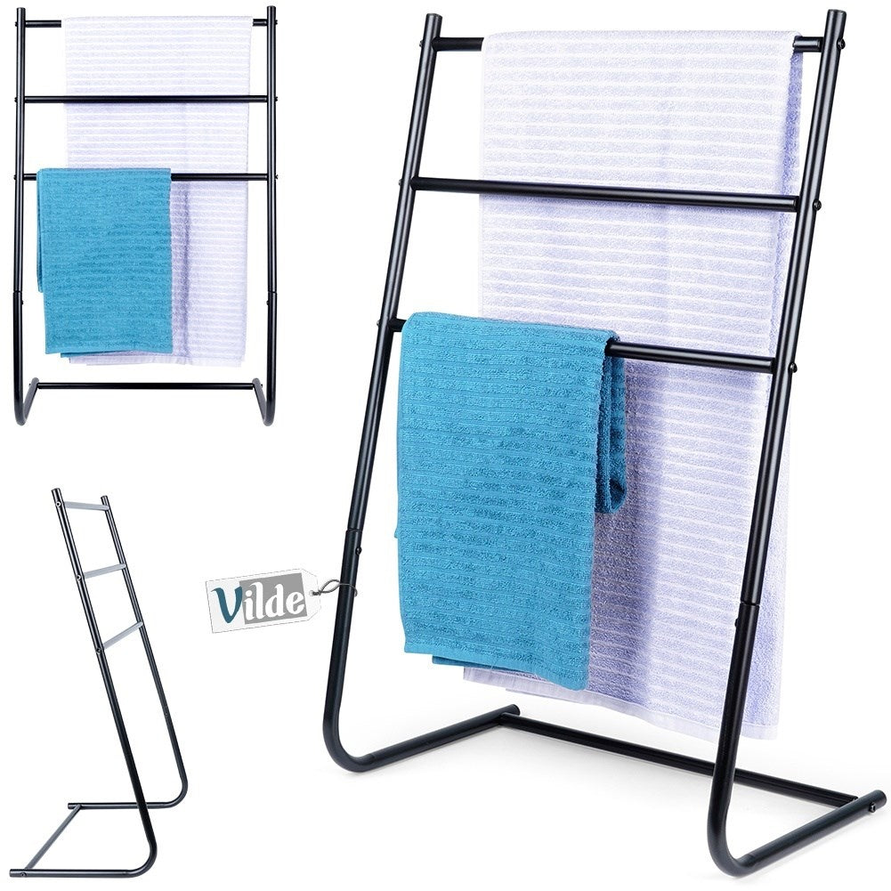 Freestanding black towel rack with three cross bars