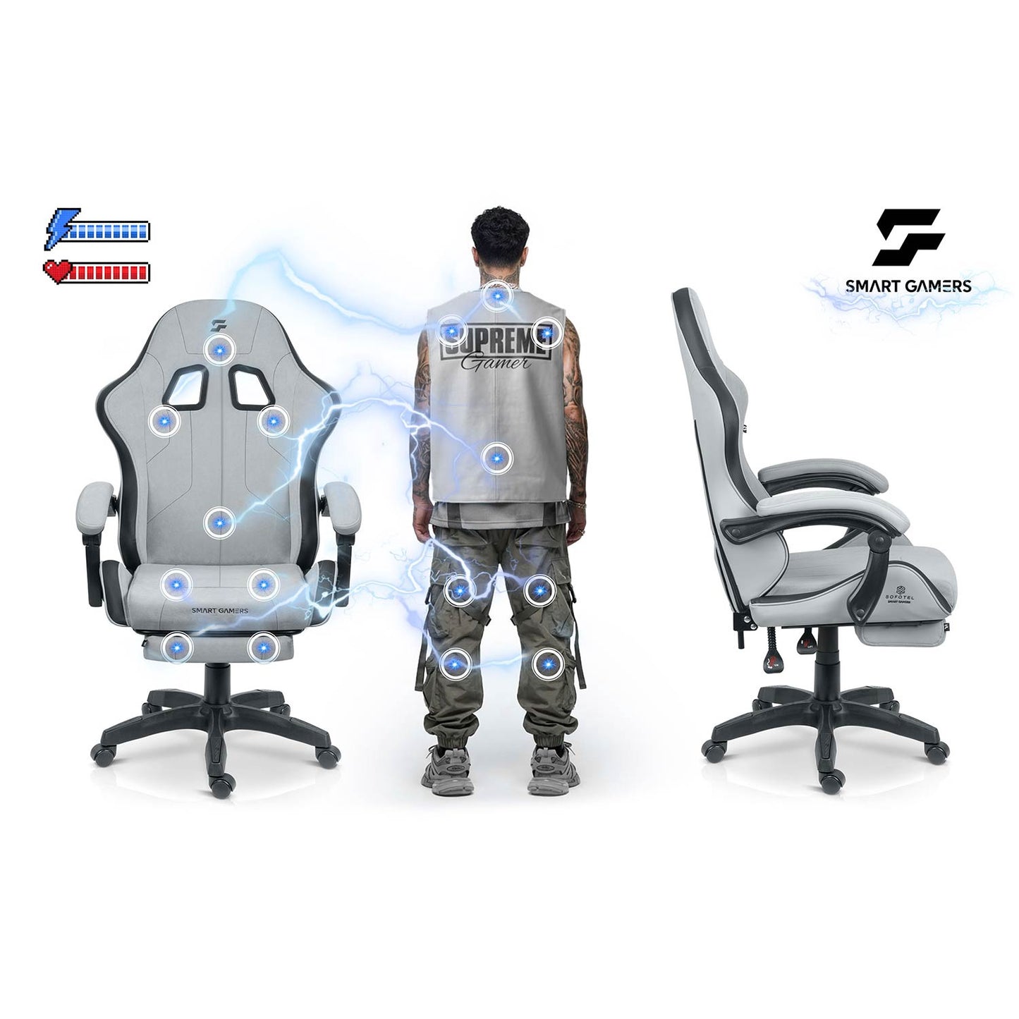Gaming Chair with Footrest, Reclining Backrest, Adjustable Height